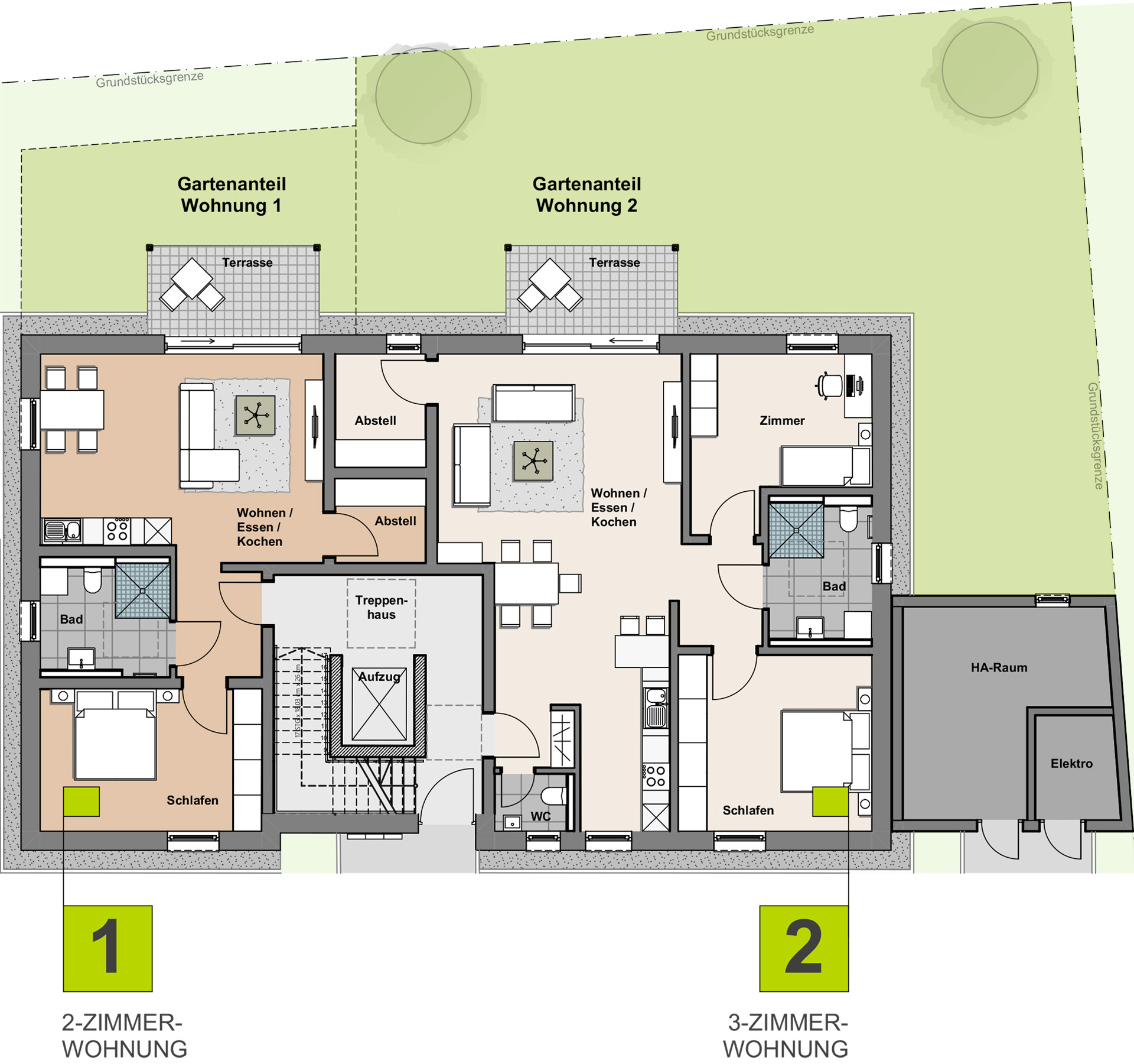 Grundriss Erdgeschoss des Projekts Wohnen Am Fronhof in Bad Staffelstein. Die beiden Wohnungen im Erdgeschoss bieten jeweils einen großzügigen Gartenanteil. Grundriss Erdgeschoss des Projekts Wohnen Am Fronhof in Bad Staffelstein. Die beiden Wohnungen im Erdgeschoss bieten jeweils einen großzügigen Gartenanteil.