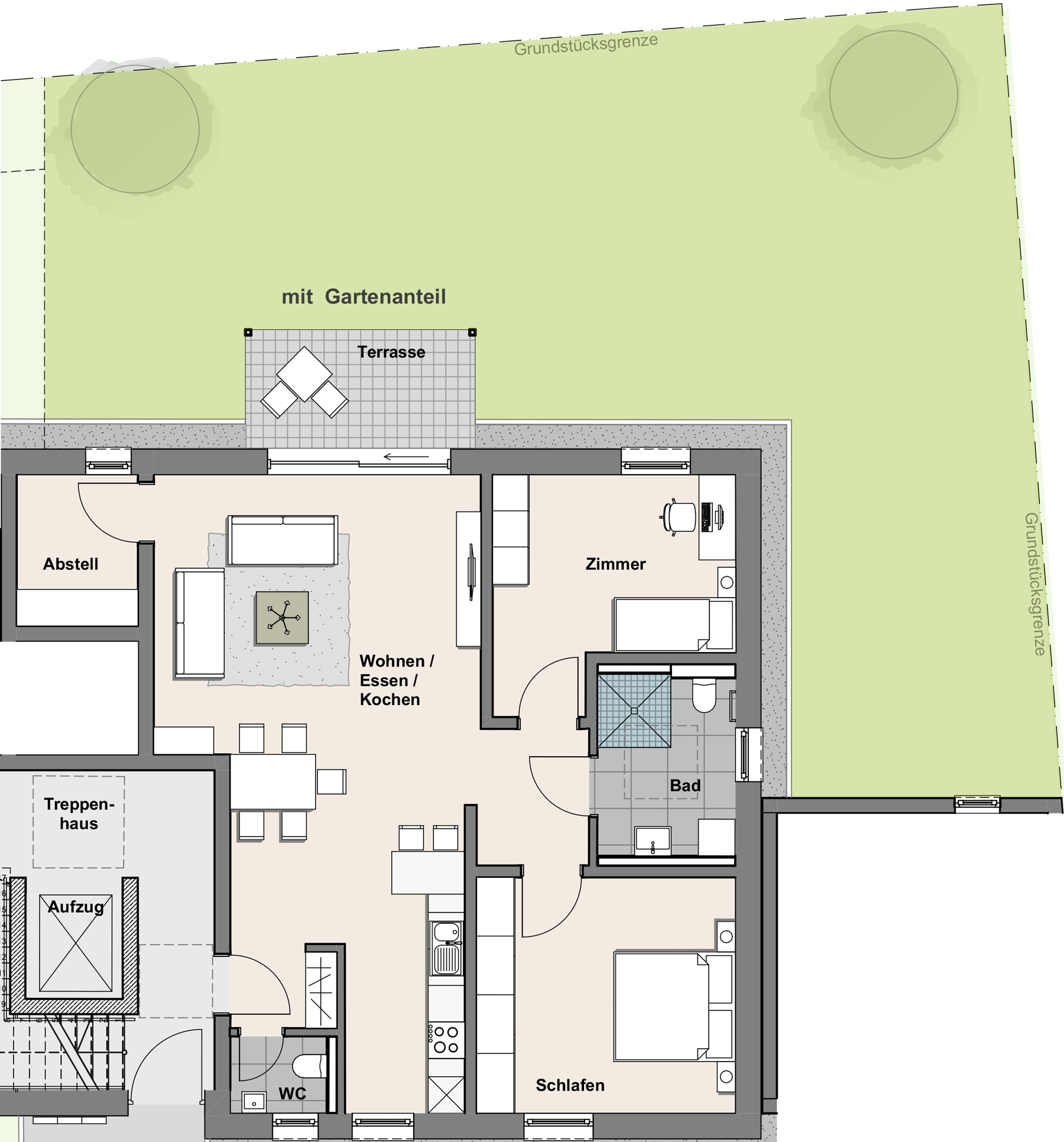 Wohnung 2: Komfortable Drei-Zimmer-Wohnung im Erdgeschoss des Projekts Wohnen am Fronhof, Bad Staffelstein. Die Wohnung bietet einen weitläufigen Gartenanteil, in etwa so groß wie die Wohnung selbst.